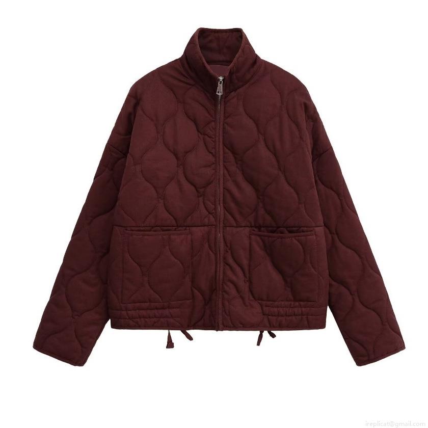 Women Stand Collar Quilted Jacket Zipper Pockets Drawstring Hem Polyester Cotton Blend Vintage Casual Padded Coat For Autumn Winter Daily Wear