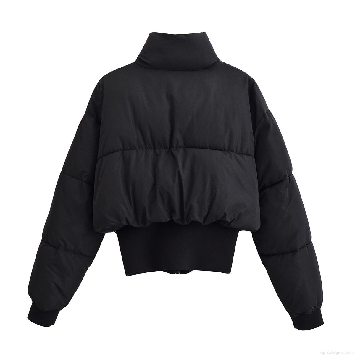 Women's Short Puffer Jacket 100% Polyester Quilted Coat With Stand Collar And Ribbed Cuffs Casual Windproof Black Outerwear For Winter