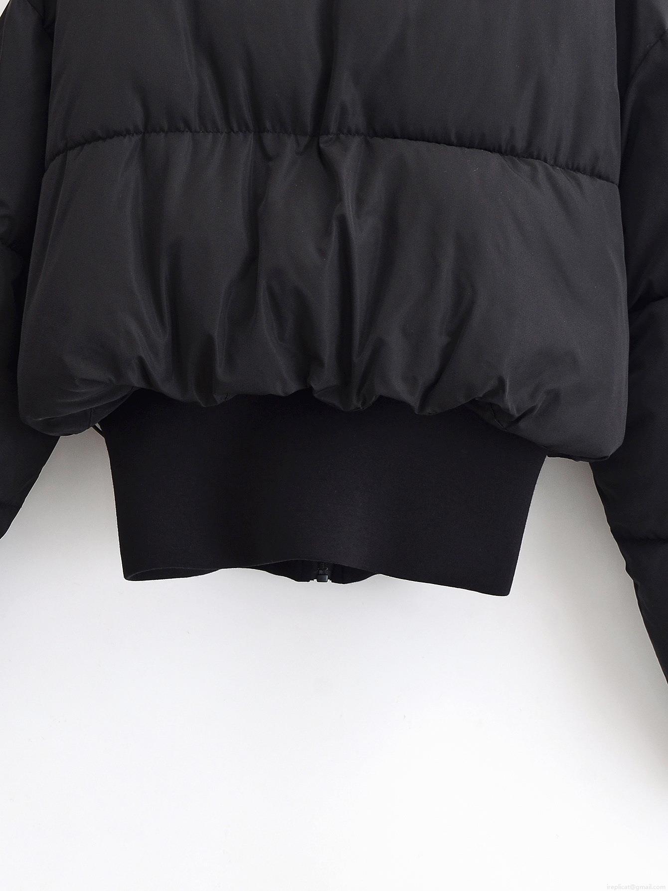 Women's Short Puffer Jacket 100% Polyester Quilted Coat With Stand Collar And Ribbed Cuffs Casual Windproof Black Outerwear For Winter