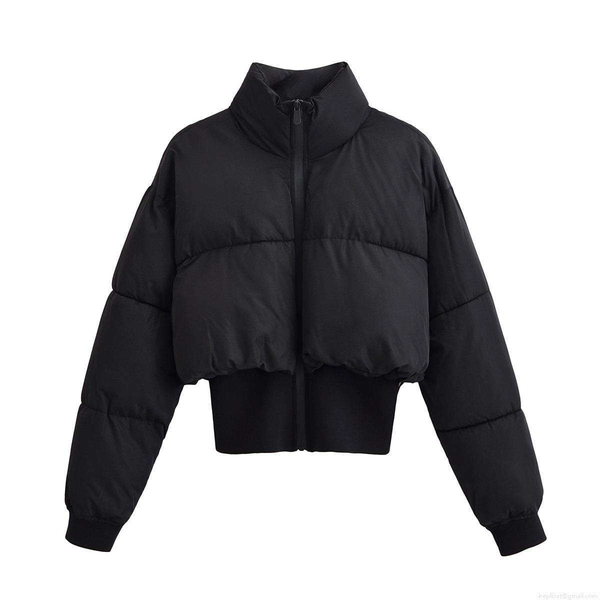 Women's Short Puffer Jacket 100% Polyester Quilted Coat With Stand Collar And Ribbed Cuffs Casual Windproof Black Outerwear For Winter