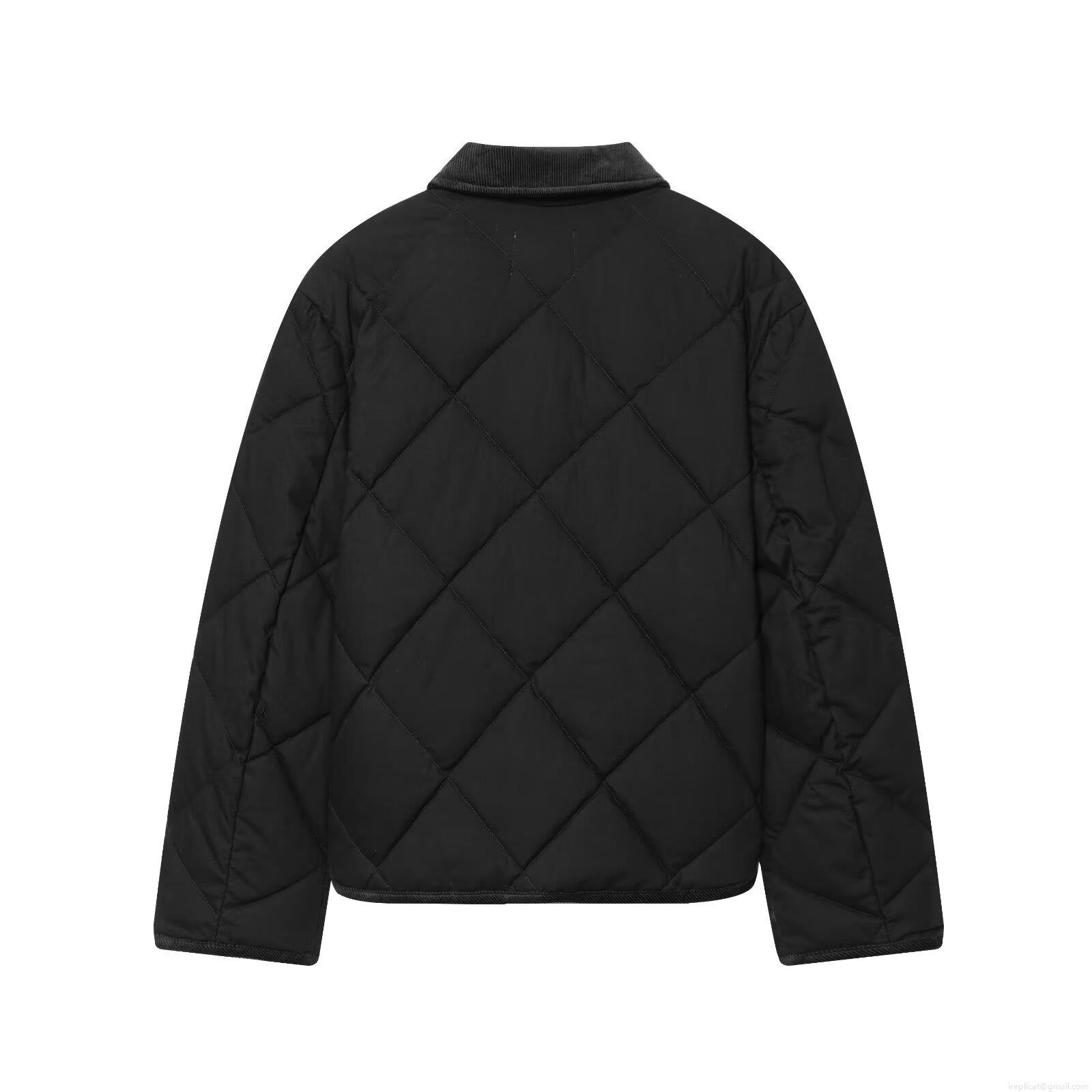 Women's Retro Diamond Quilted Jacket With Corduroy Collar Casual Long Sleeve Zip Up Puffer Coat Polyester Cotton Outerwear With Pockets For Autumn Winter