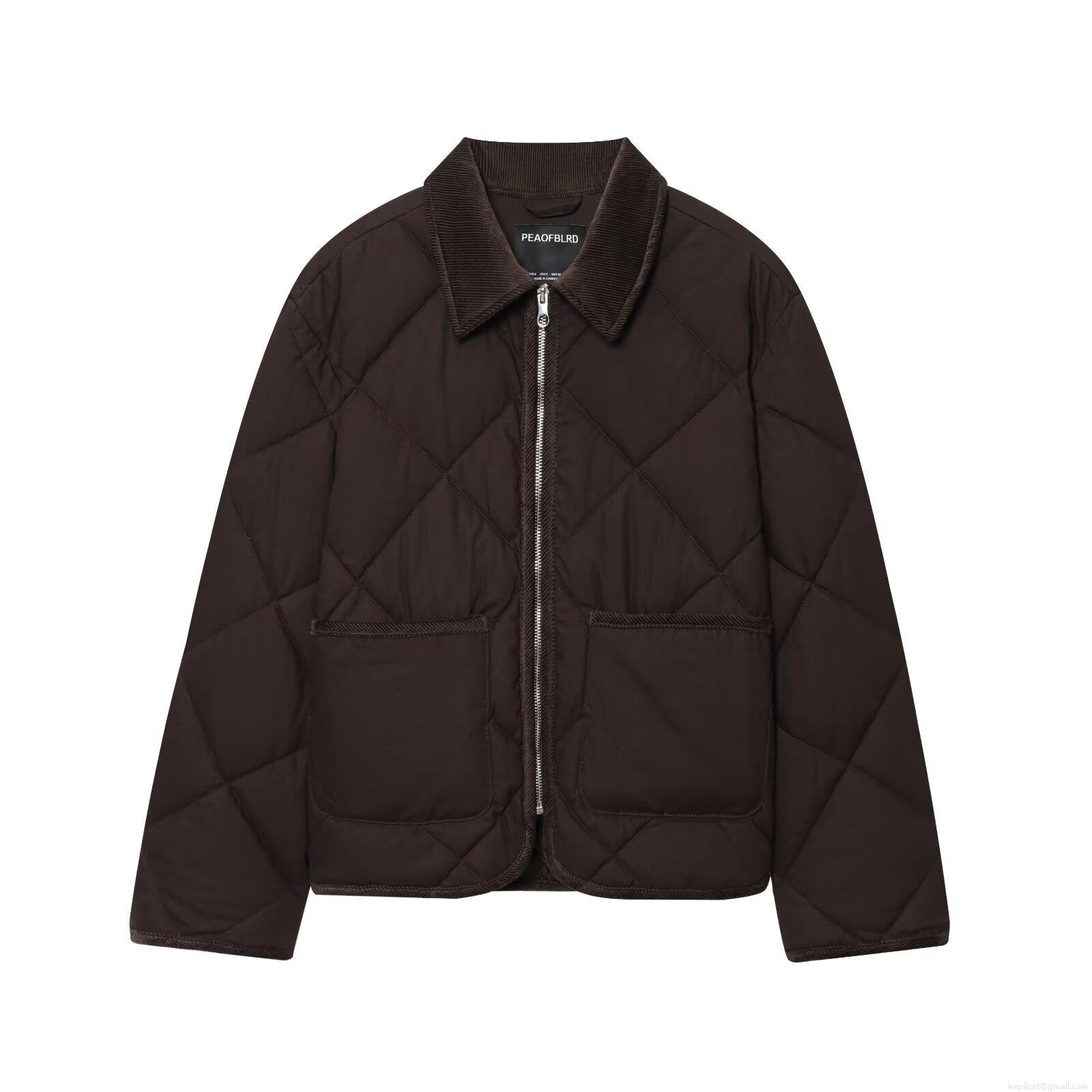 Women's Retro Diamond Quilted Jacket With Corduroy Collar Casual Long Sleeve Zip Up Puffer Coat Polyester Cotton Outerwear With Pockets For Autumn Winter