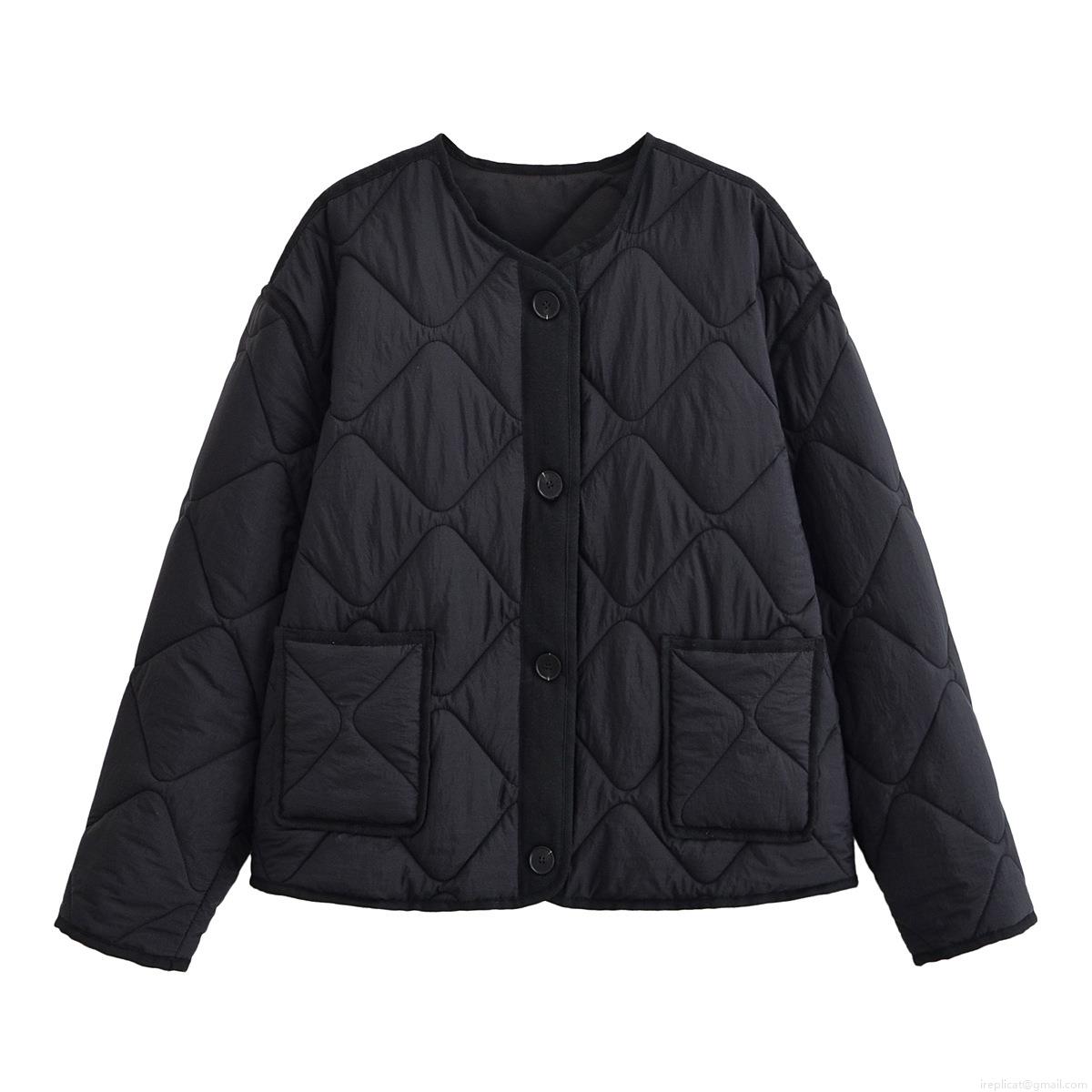 Women's Quilted Jacket Round Neck Diamond Lattice Padded Coat Solid Color Button Down Outerwear With Pockets Retro Casual Fashion Lady Lightweight Warm Cotton Jacket