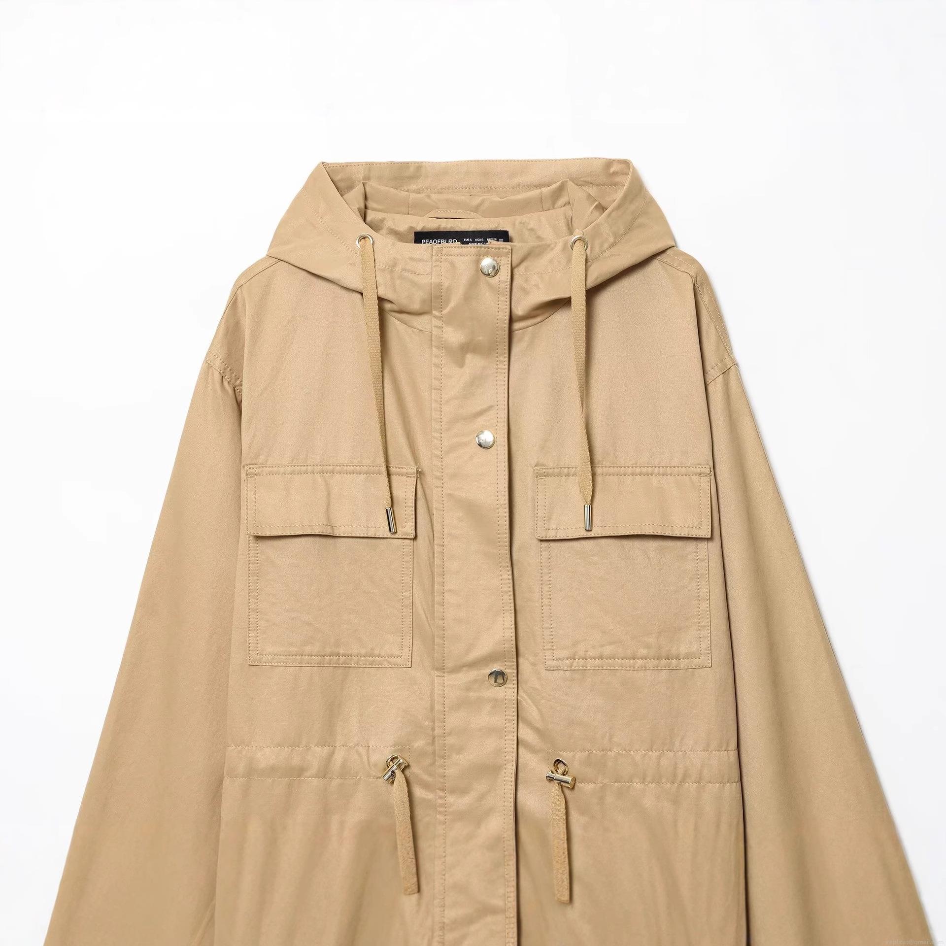 Women's Khaki Hooded Utility Jacket Casual Drawstring Waist Multi Cargo Pocket Polyester Windbreaker Coat Outwear For Spring Autumn Women