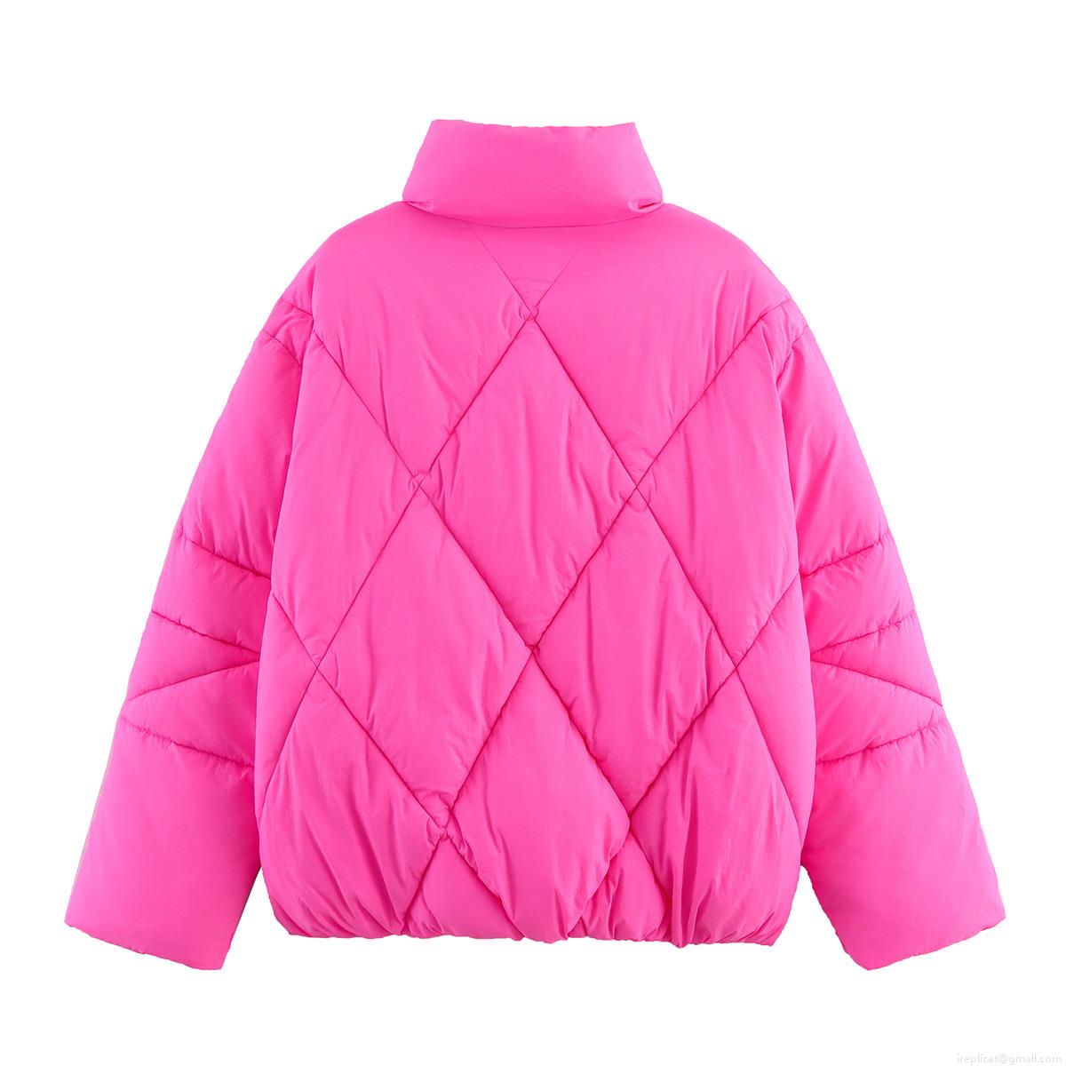 Women's Magenta Quilted Padded Jacket Casual Diamond Lattice Puffer Coat With Ribbon Bow Ties Stand Collar Winter Warm Outerwear For Women Retro Style