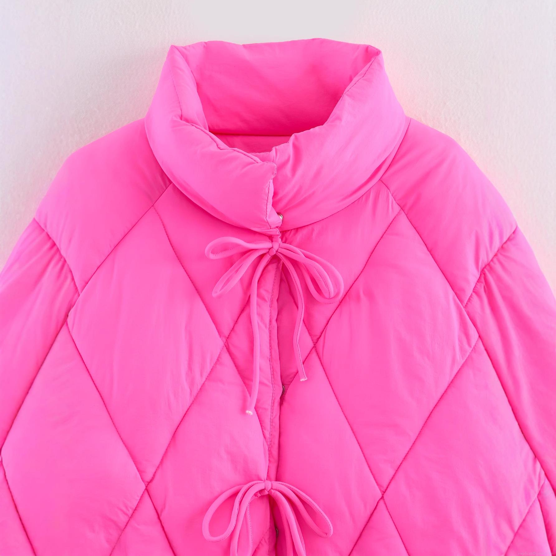 Women's Magenta Quilted Padded Jacket Casual Diamond Lattice Puffer Coat With Ribbon Bow Ties Stand Collar Winter Warm Outerwear For Women Retro Style
