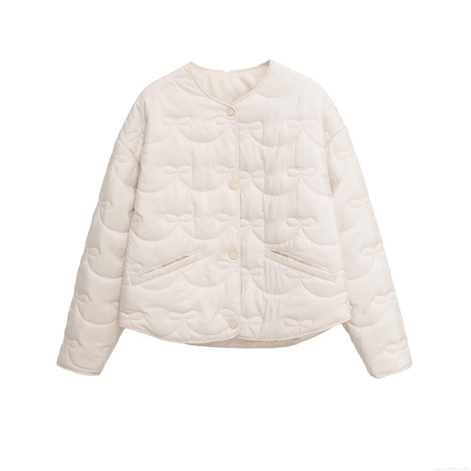 Women's Bow Quilted Lightweight Jacket Round Neck Single Breasted Cotton Polyester Blend Puffer Coat Casual Fall Winter Outerwear