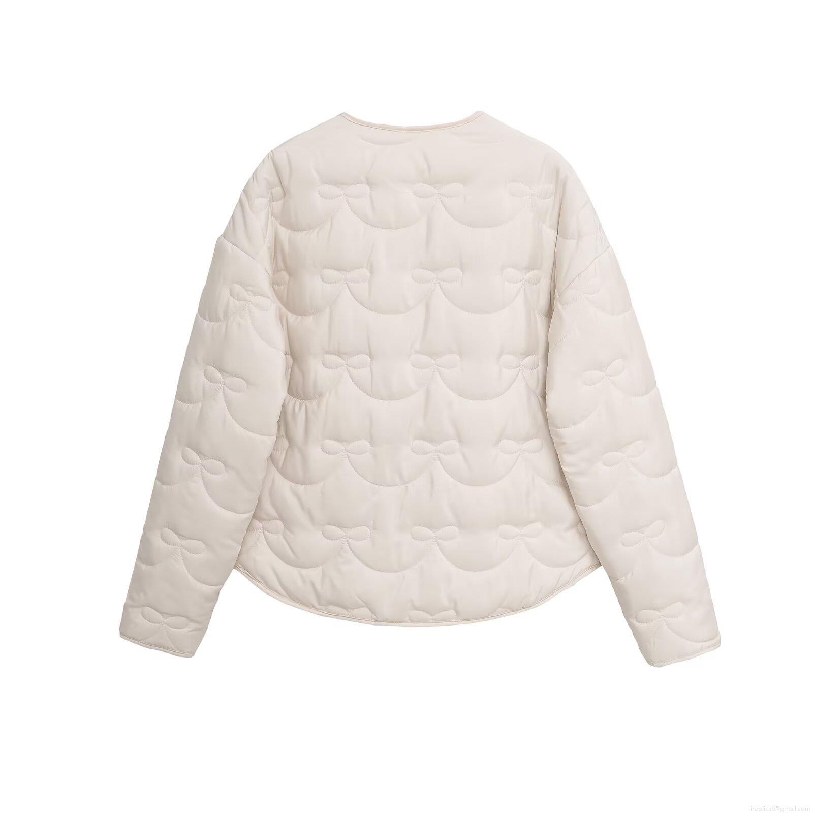 Women's Bow Quilted Lightweight Jacket Round Neck Single Breasted Cotton Polyester Blend Puffer Coat Casual Fall Winter Outerwear