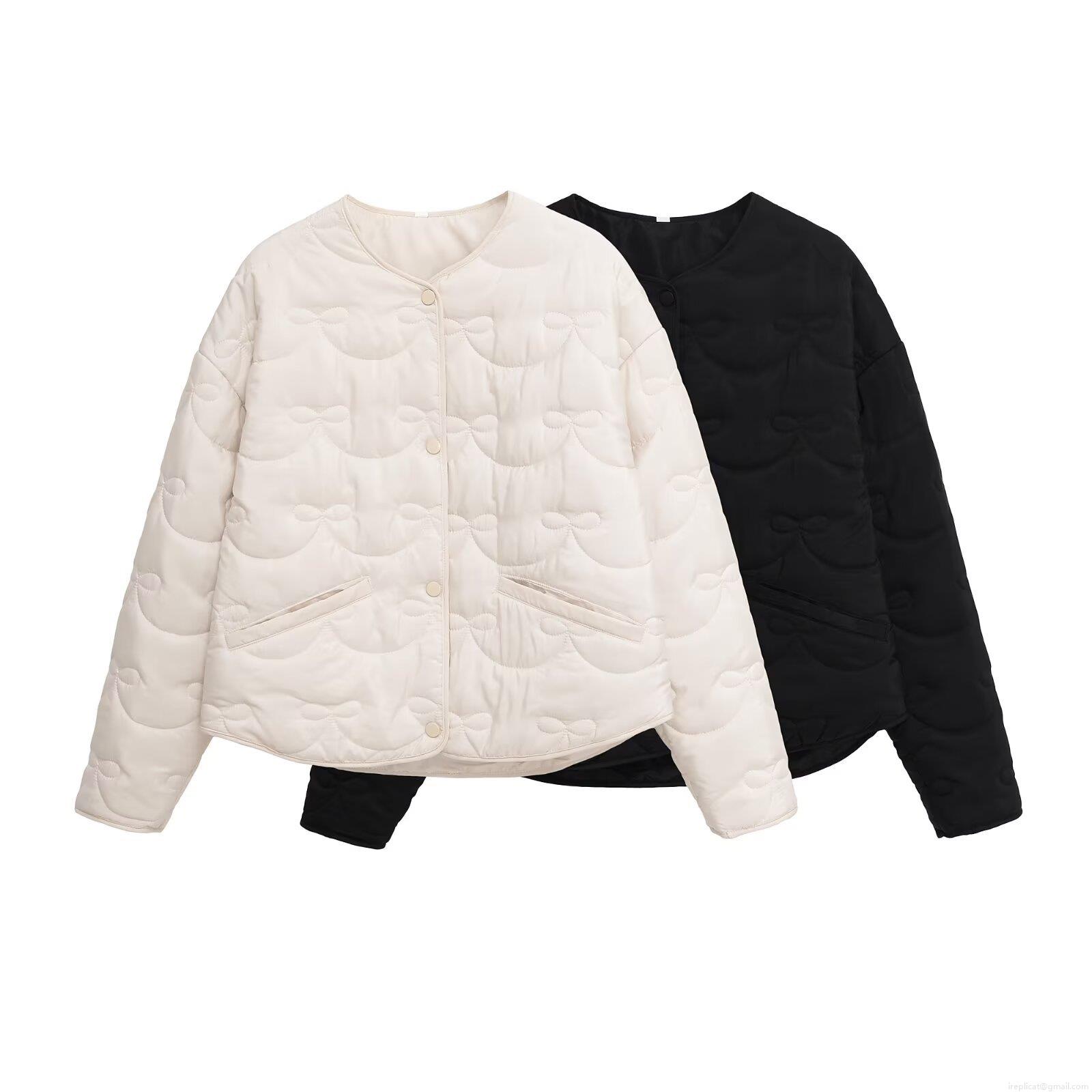 Women's Bow Quilted Lightweight Jacket Round Neck Single Breasted Cotton Polyester Blend Puffer Coat Casual Fall Winter Outerwear
