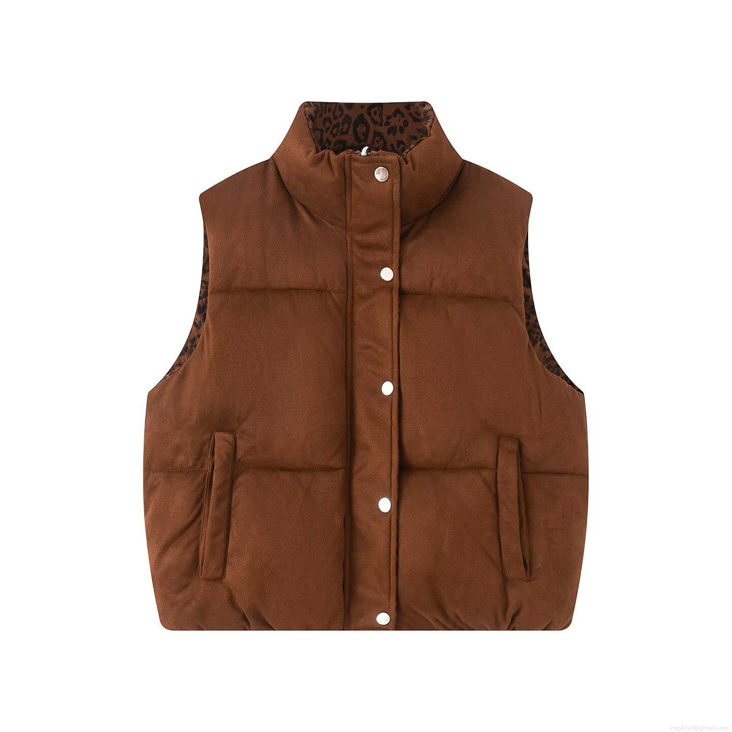 Women's Reversible Leopard Print Padded Vest Stand Collar Suede Quilted Down Cotton Sleeveless Jacket For Winter Autumn Outdoor Casual Streetwear