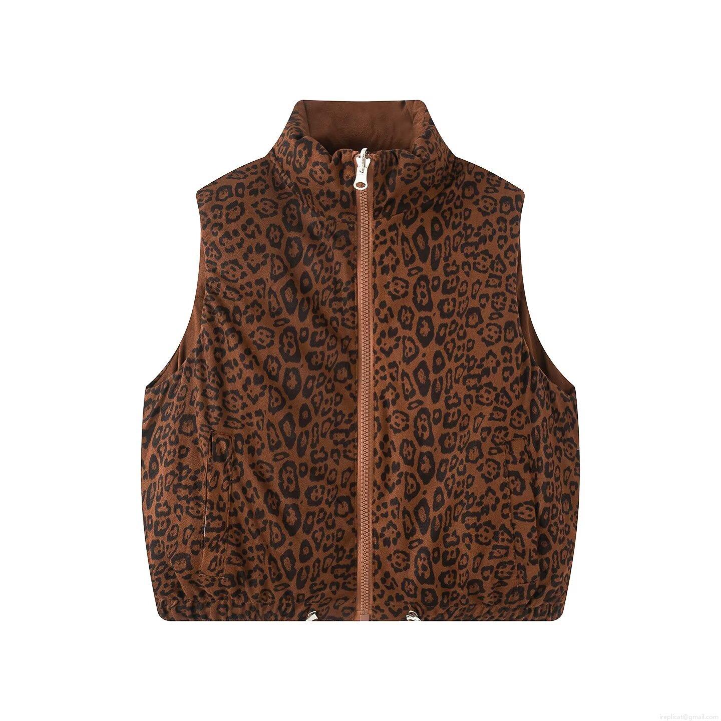 Women's Reversible Leopard Print Padded Vest Stand Collar Suede Quilted Down Cotton Sleeveless Jacket For Winter Autumn Outdoor Casual Streetwear