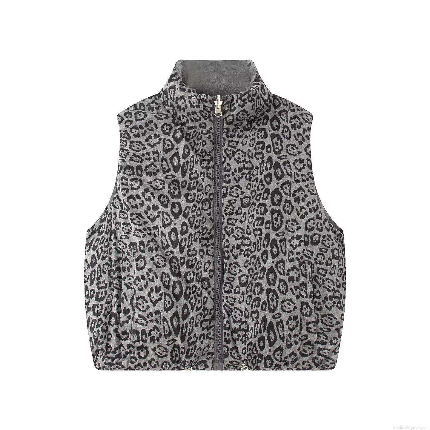 Women's Reversible Leopard Print Padded Vest Stand Collar Suede Quilted Down Cotton Sleeveless Jacket For Winter Autumn Outdoor Casual Streetwear