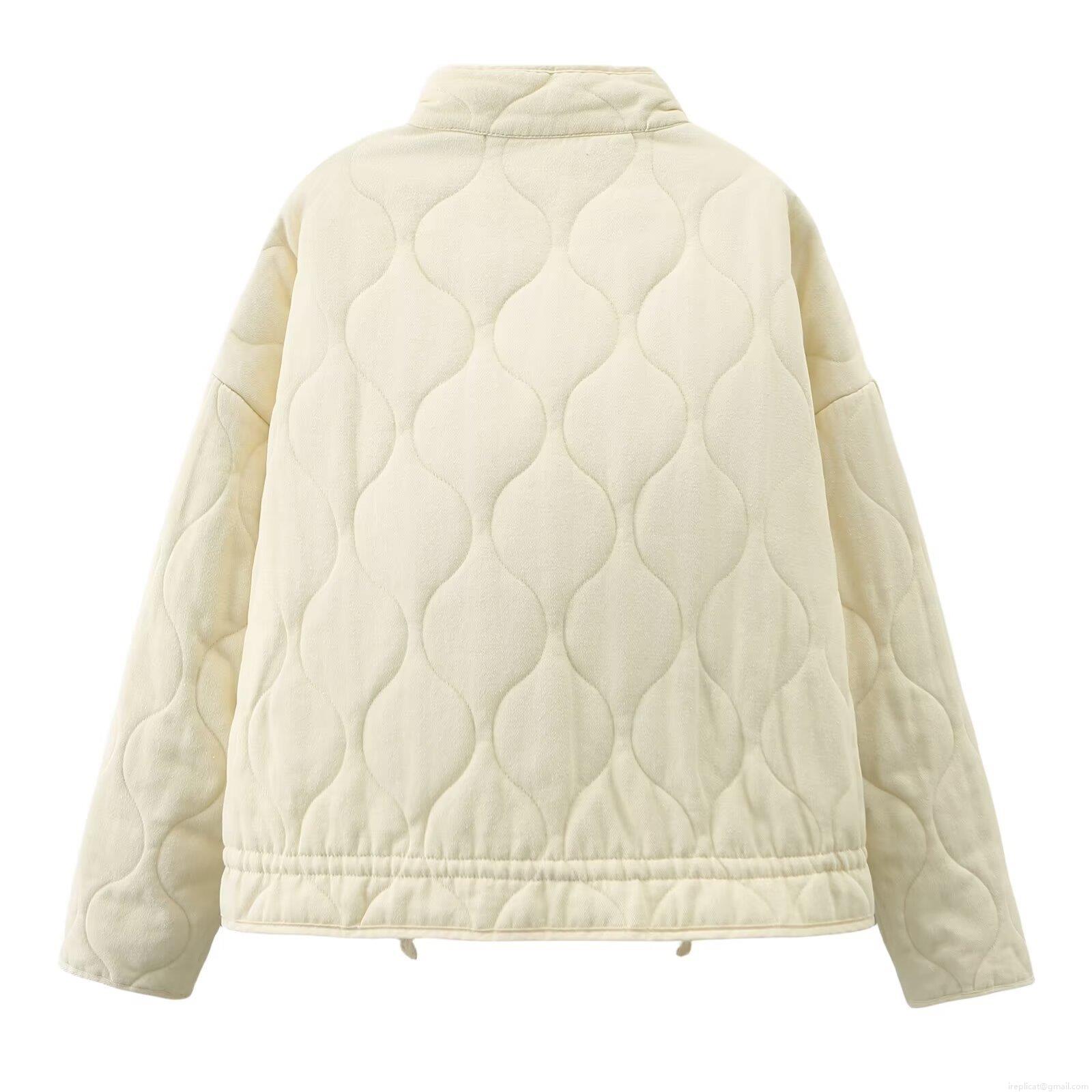 Women Quilted Puffer Jacket Cotton Blend Stand Collar Zip Up Outerwear With Big Pockets Casual Warm Lightweight Coat For Fall Winter