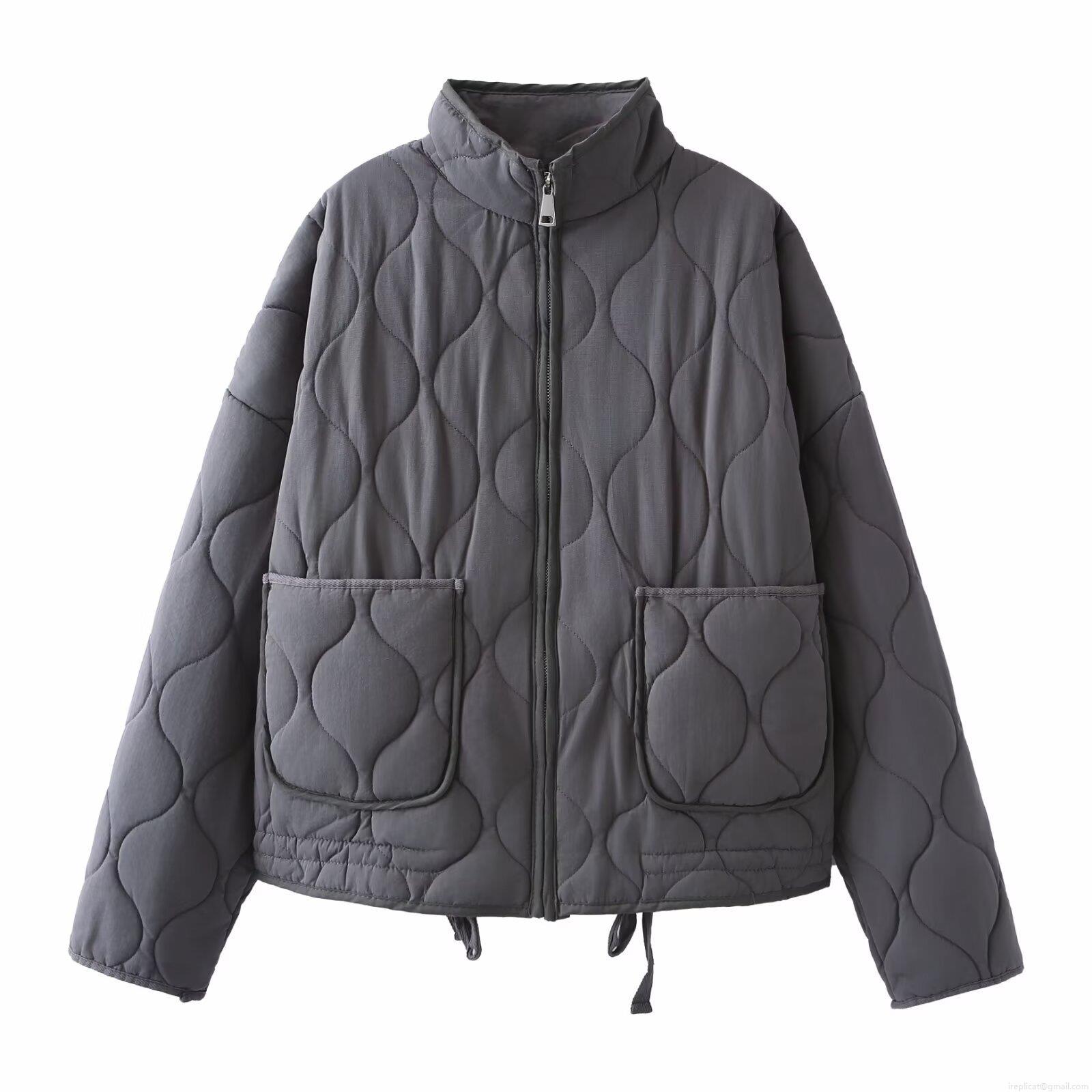 Women Quilted Puffer Jacket Cotton Blend Stand Collar Zip Up Outerwear With Big Pockets Casual Warm Lightweight Coat For Fall Winter