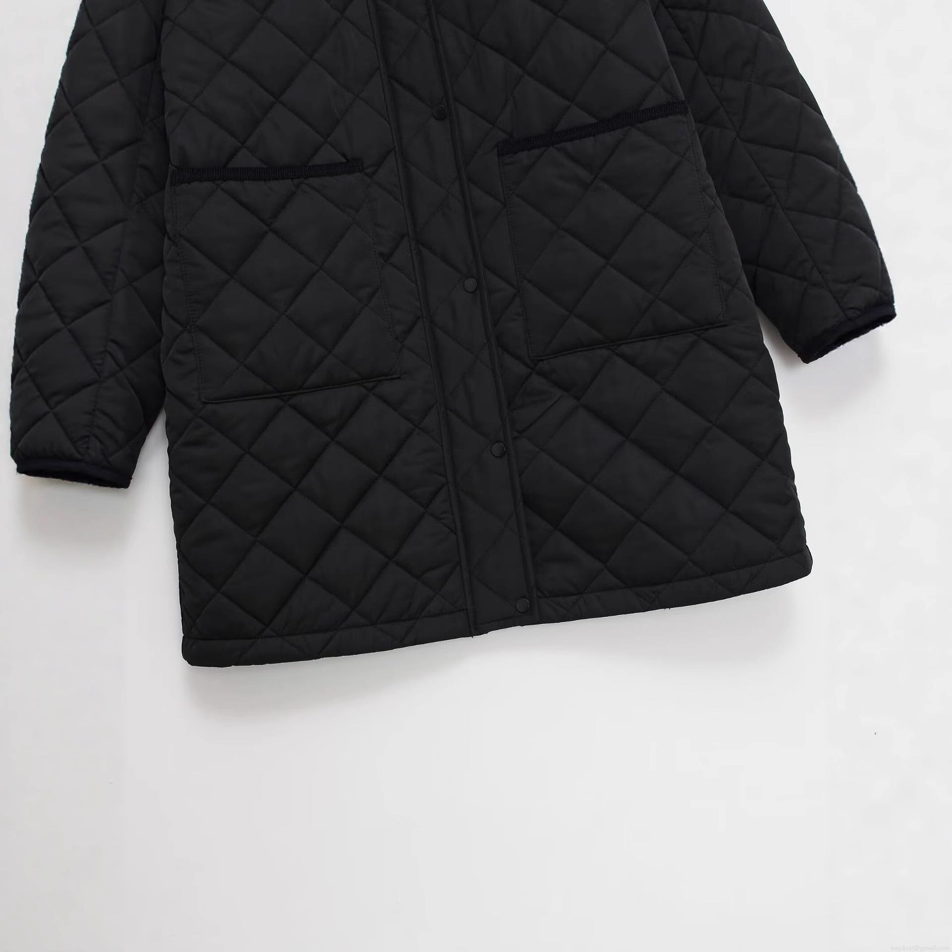 Women's Vintage Diamond Quilted Cotton Jacket Polyester Long Sleeve Lapel Coat With Large Pockets Casual Puffer Outwear For Autumn Winter