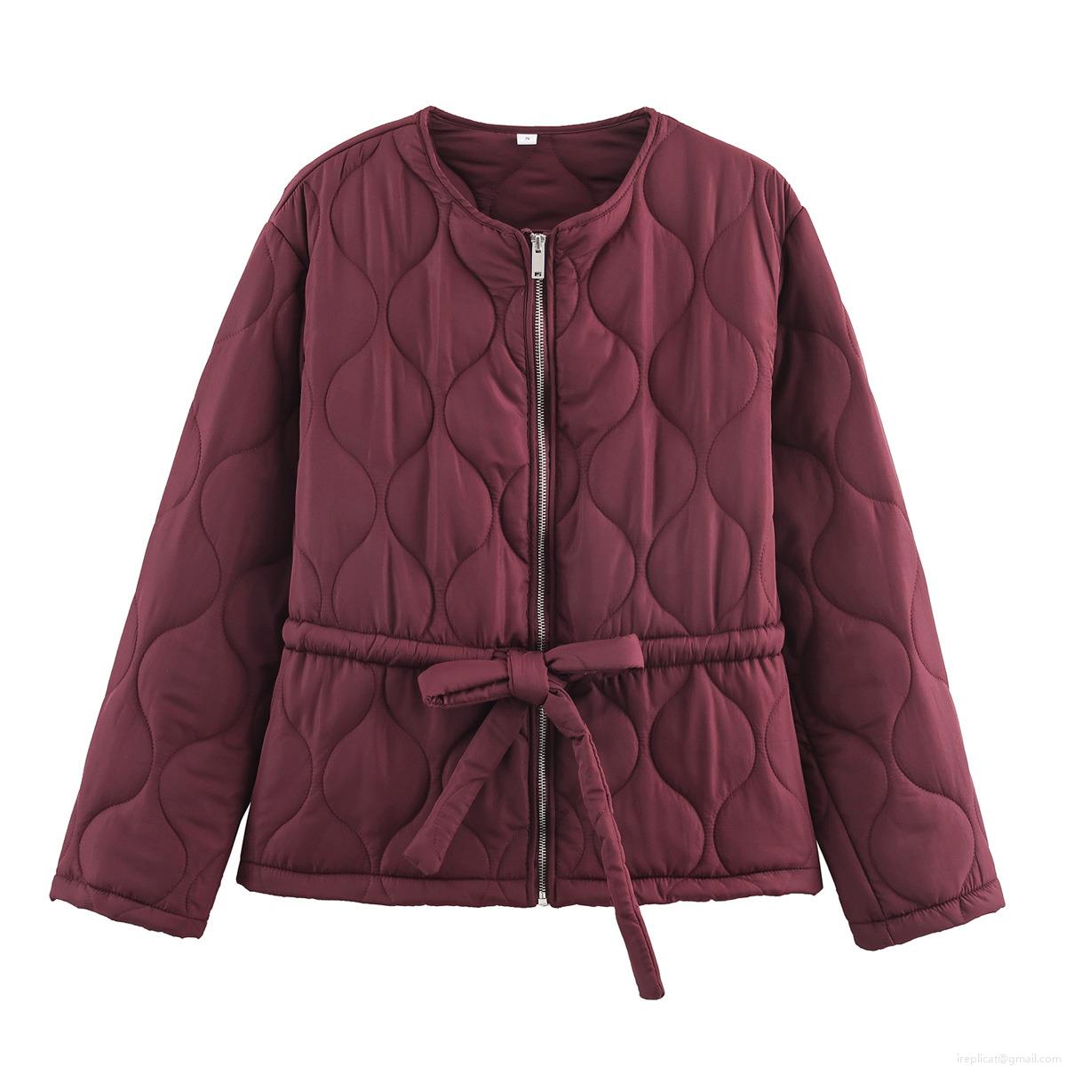 Women's Quilted Puffer Jacket 100% Polyester Round Neck With Waist Belt Casual Long Sleeve Solid Color Warm Outerwear For Women
