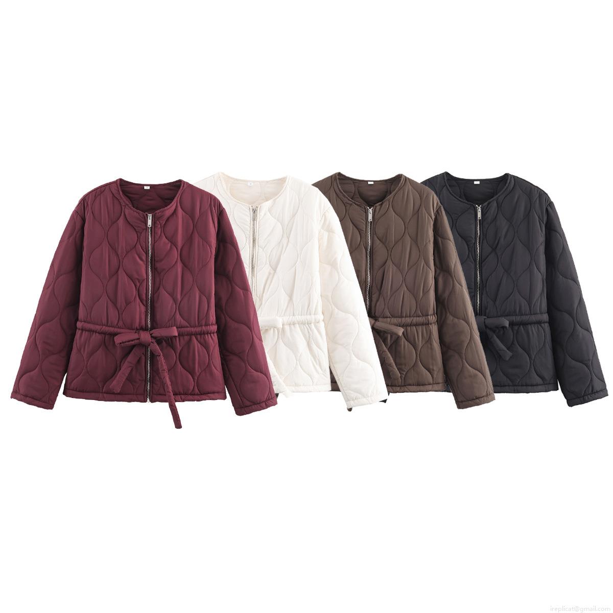 Women's Quilted Puffer Jacket 100% Polyester Round Neck With Waist Belt Casual Long Sleeve Solid Color Warm Outerwear For Women