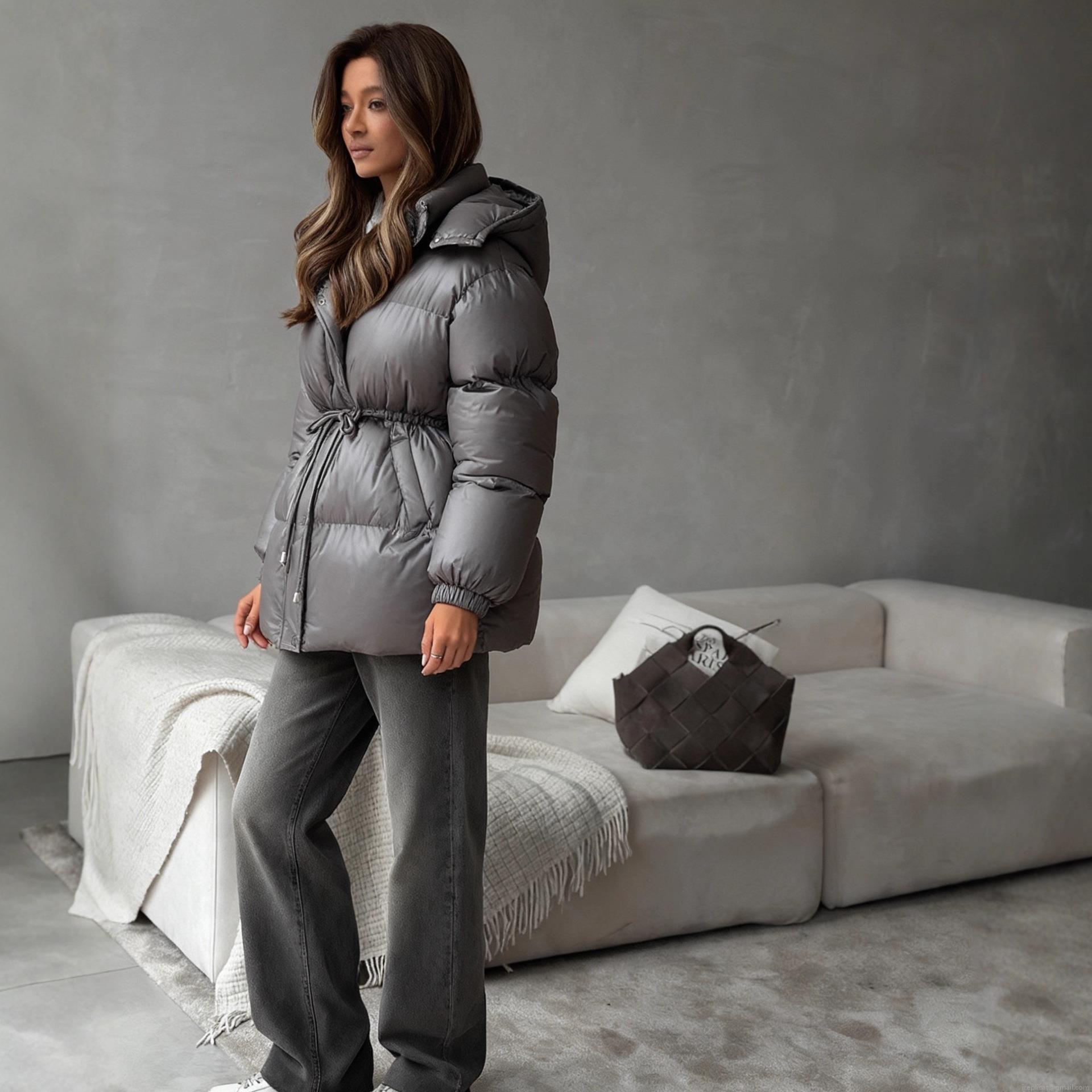 Women's Hooded Padded Jacket Cotton Blend Drawstring Waist Warm Quilted Coat Casual Outerwear For Autumn Winter