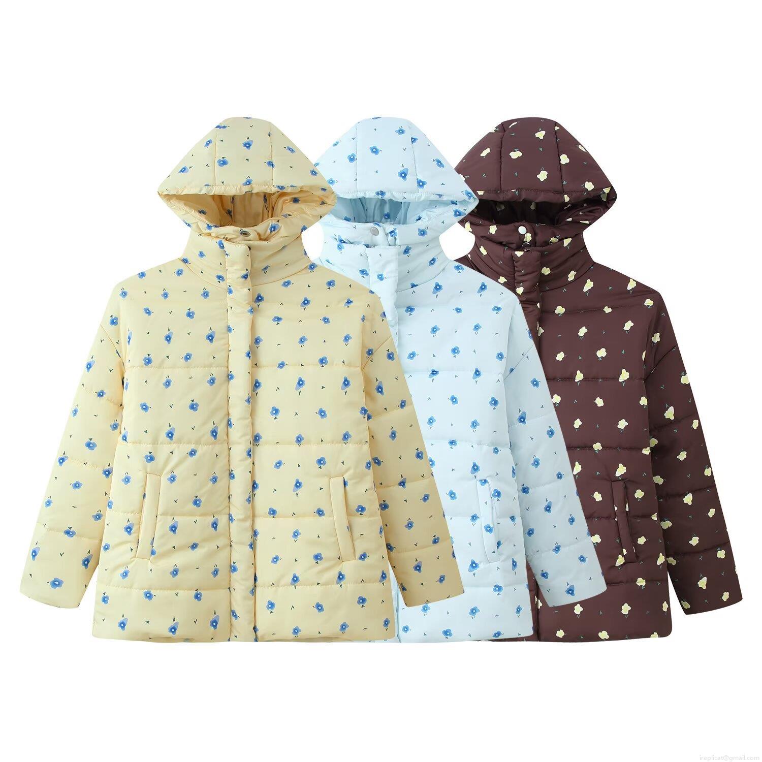 Women's Floral Hooded Puffer Jacket Vintage Polyester Quilted Padded Coat Long Sleeve Drawstring Warm Outerwear For Winter Daily Casual