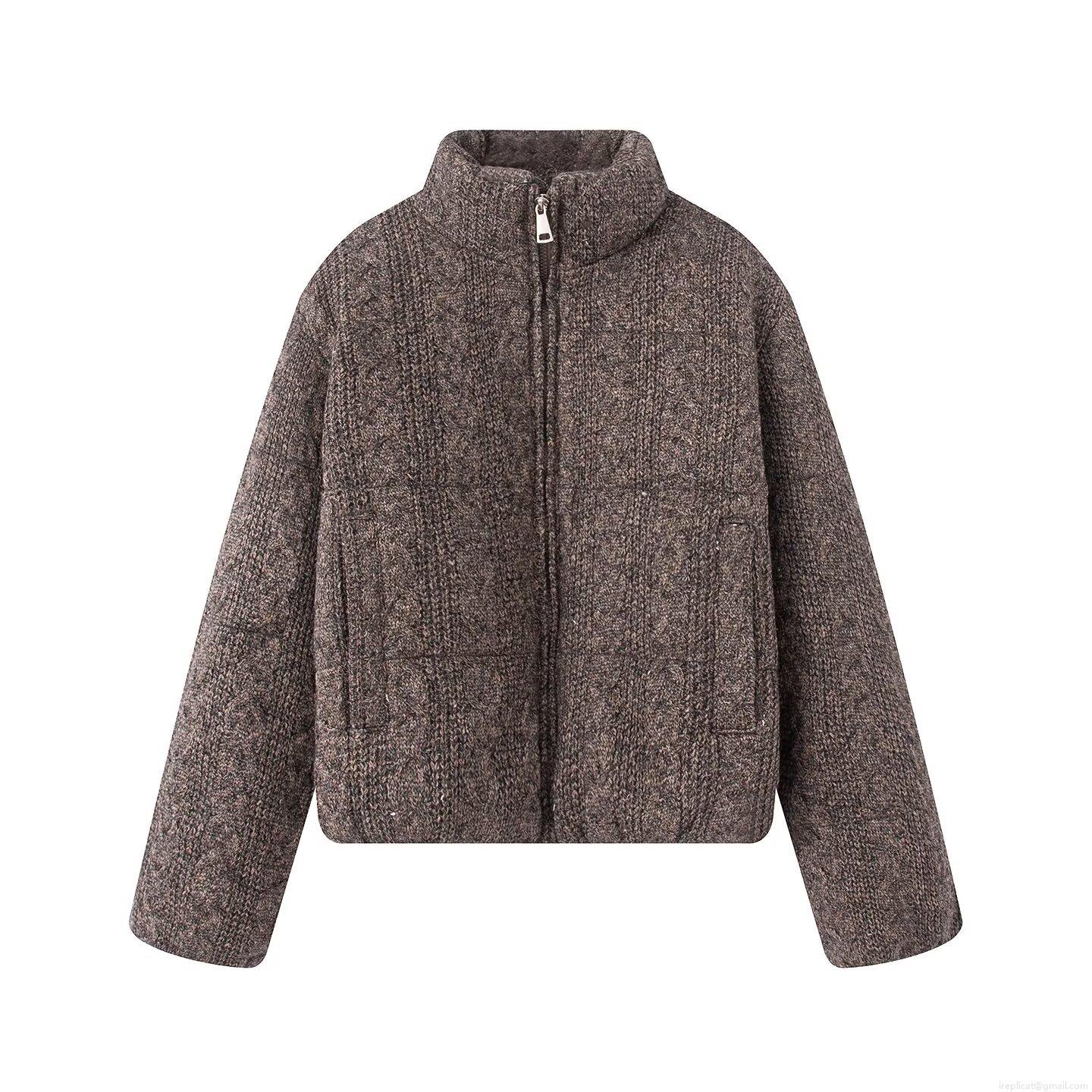 Women's Winter Cable Knit Puffer Jacket Thick Warm Stand Collar Zipper Quilted Outerwear Casual Fashion Knitted Bread Coat Ladies Heavyweight Cotton Padded Jacket