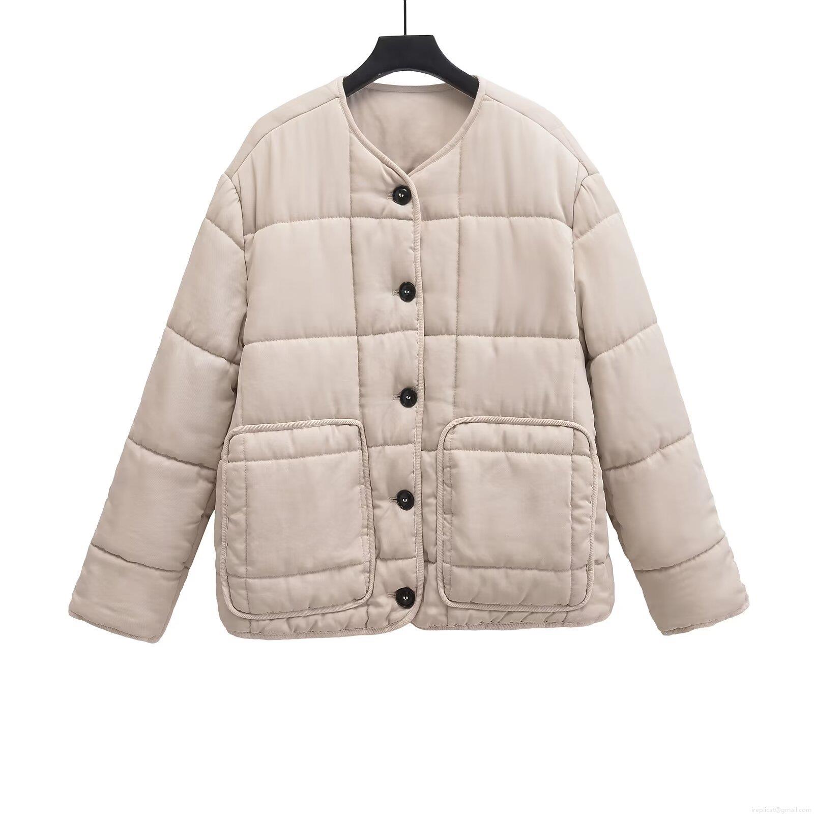 Women's Quilted Lightweight Puffer Jacket Long Sleeve Round Neck Button Up 100% Cotton Coat Casual Retro Warm Outerwear With Pockets For Women