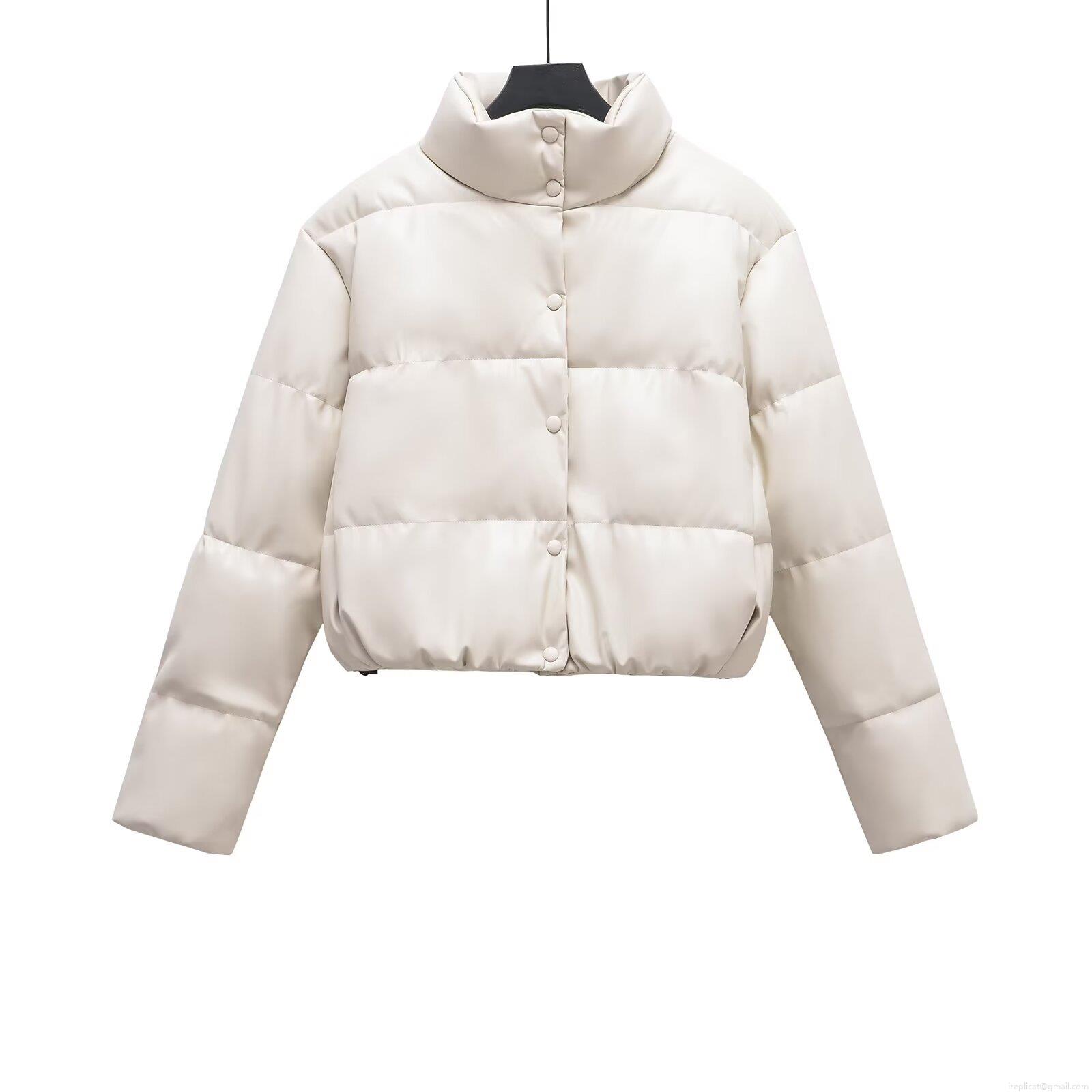 Women's Fashion Short PU Leather Puffer Jacket Winter Warm Faux Leather Quilted Padded Coat With Stand Collar Zip Up Outerwear For Women