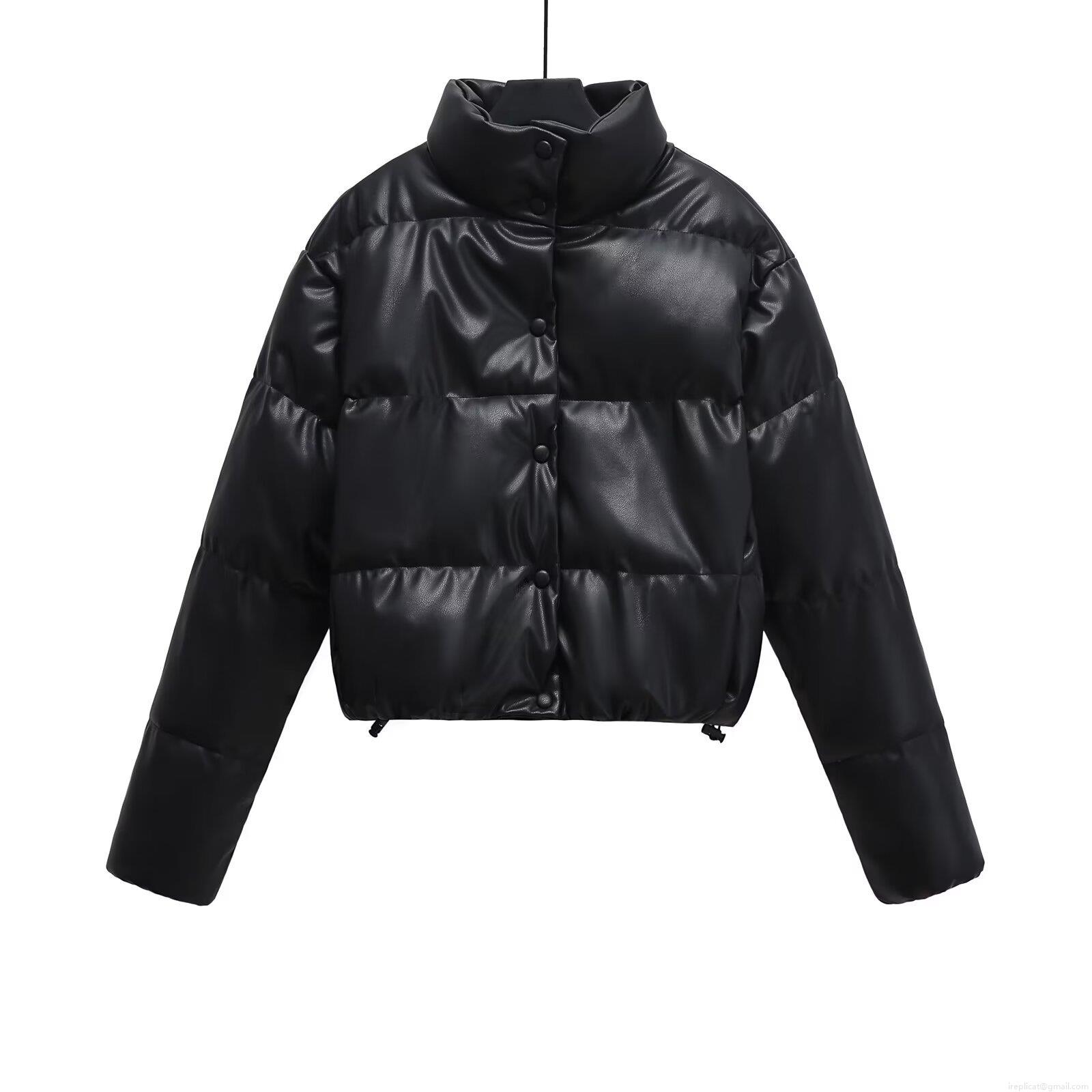 Women's Fashion Short PU Leather Puffer Jacket Winter Warm Faux Leather Quilted Padded Coat With Stand Collar Zip Up Outerwear For Women
