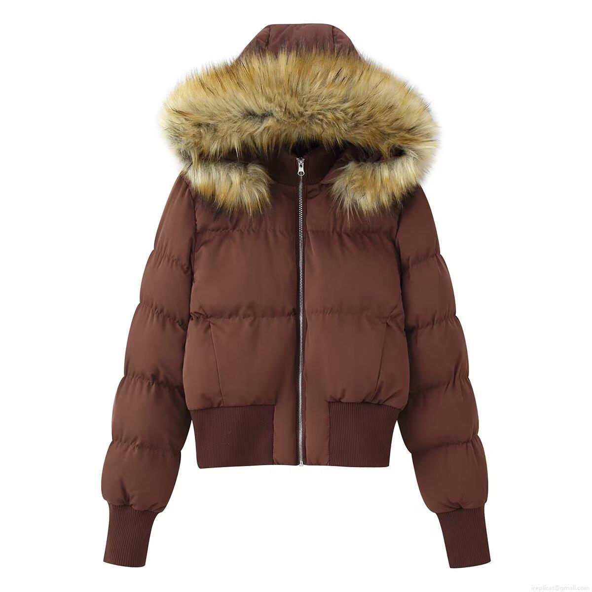 Women's Short Puffer Jacket With Faux Fur Collar Hooded Cotton Padded Winter Coat Windproof Warm Solid Color Outerwear For Ladies