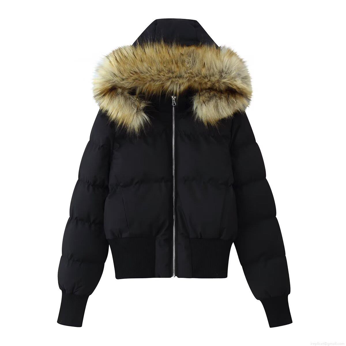 Women's Short Puffer Jacket With Faux Fur Collar Hooded Cotton Padded Winter Coat Windproof Warm Solid Color Outerwear For Ladies