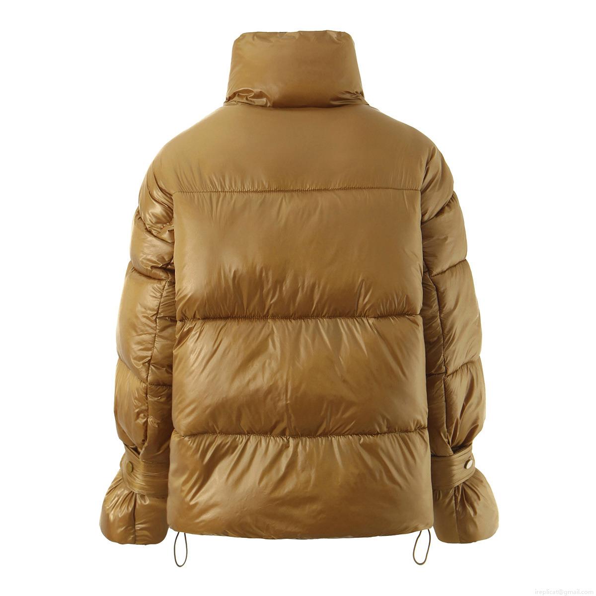 Women's Metallic Glossy Puffer Jacket Stand Collar Double Zipper Bread Coat Thick Warm Winter Outerwear Casual Fashion Short Parka with Drawstring Cuffs for Women