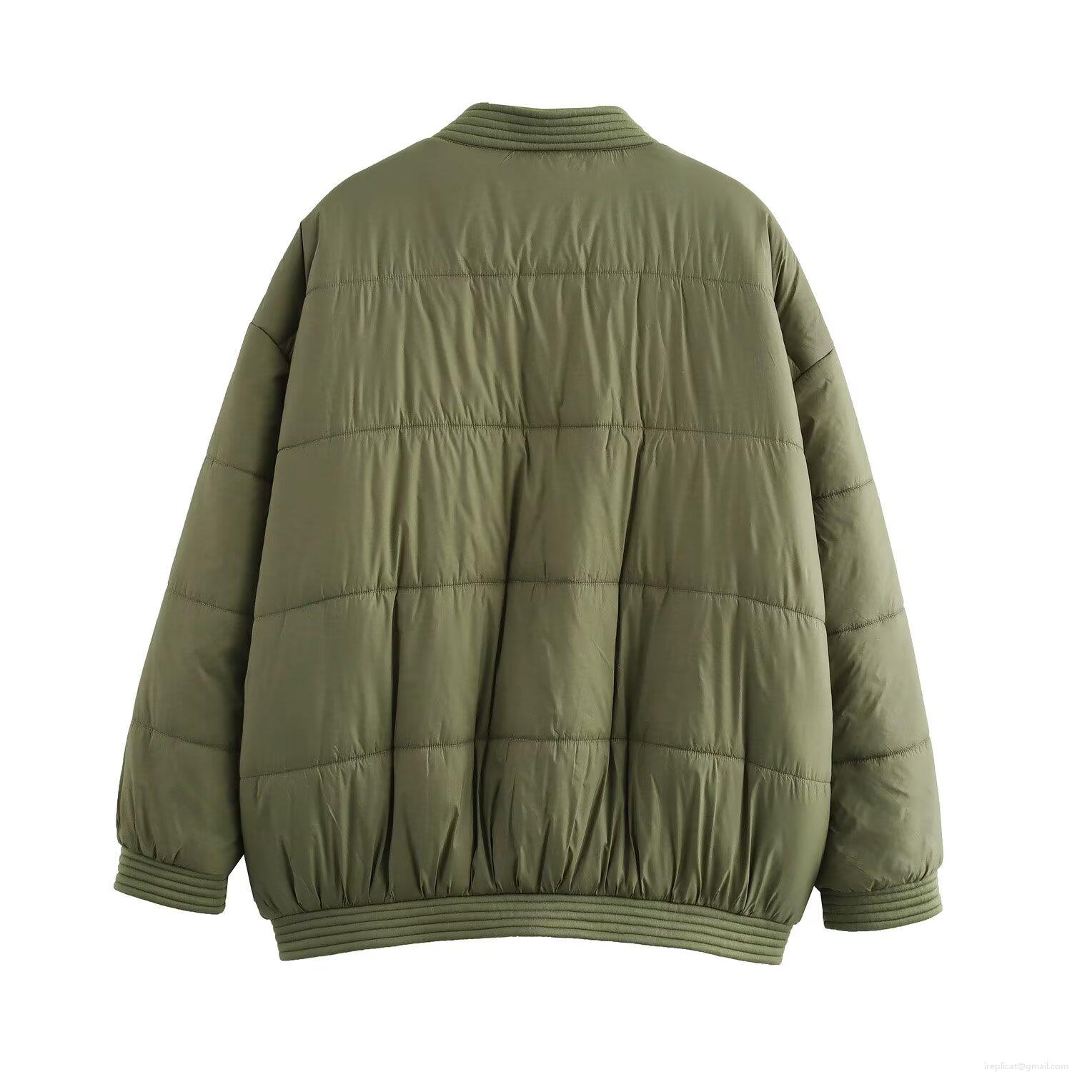 Women's Army Green Quilted Jacket Cotton Blend Loose Long Sleeve V-Neck Warm Puffer Coat For Casual Winter Outwear