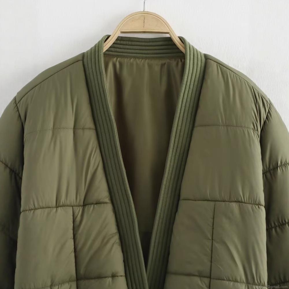 Women's Army Green Quilted Jacket Cotton Blend Loose Long Sleeve V-Neck Warm Puffer Coat For Casual Winter Outwear