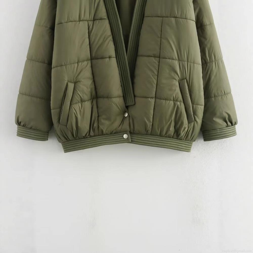 Women's Army Green Quilted Jacket Cotton Blend Loose Long Sleeve V-Neck Warm Puffer Coat For Casual Winter Outwear