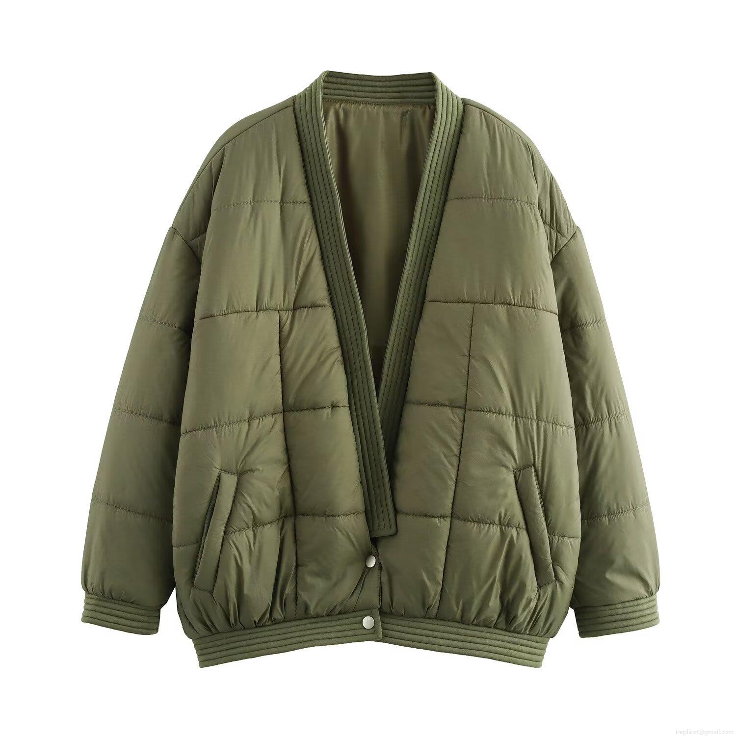 Women's Army Green Quilted Jacket Cotton Blend Loose Long Sleeve V-Neck Warm Puffer Coat For Casual Winter Outwear