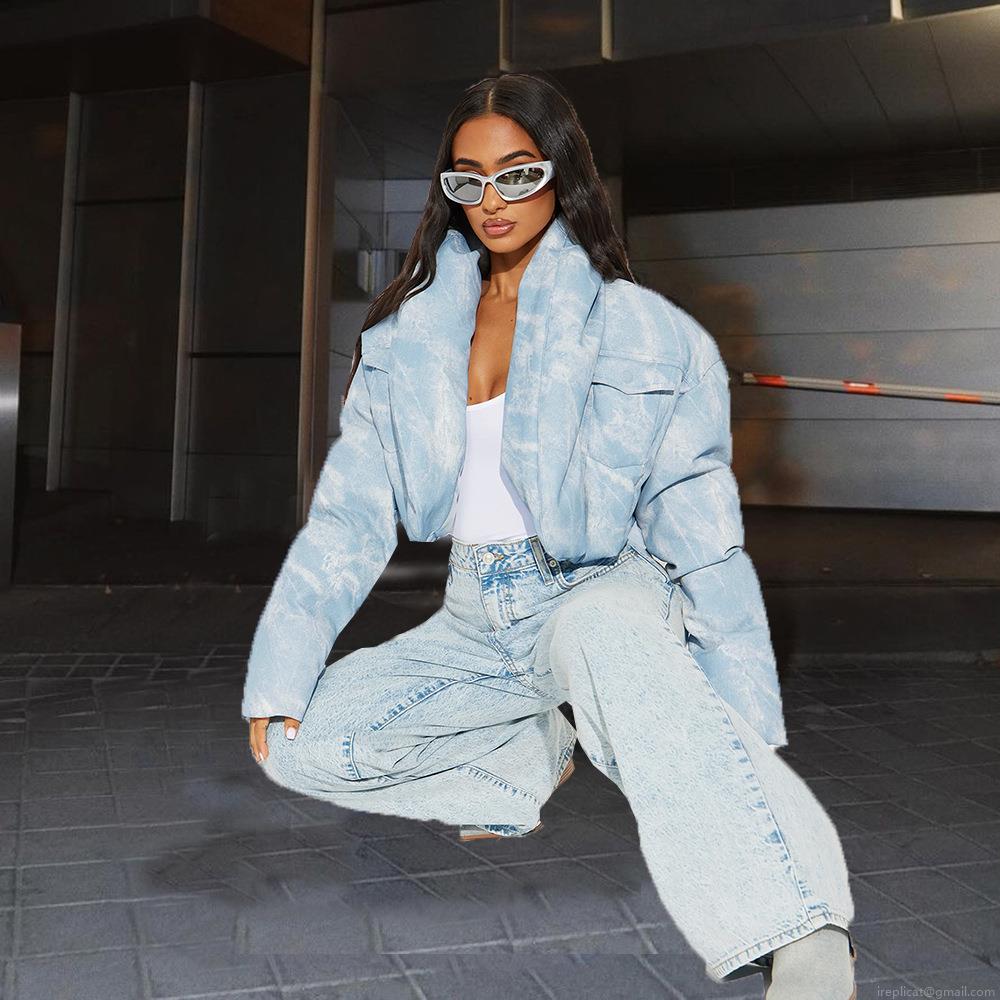 Women's Tie Dye Padded Jacket Scarf Collar Loose Short Cotton Padded Coat Streetwear Light Blue Winter Warm Puffer Outerwear With Pockets Fashion