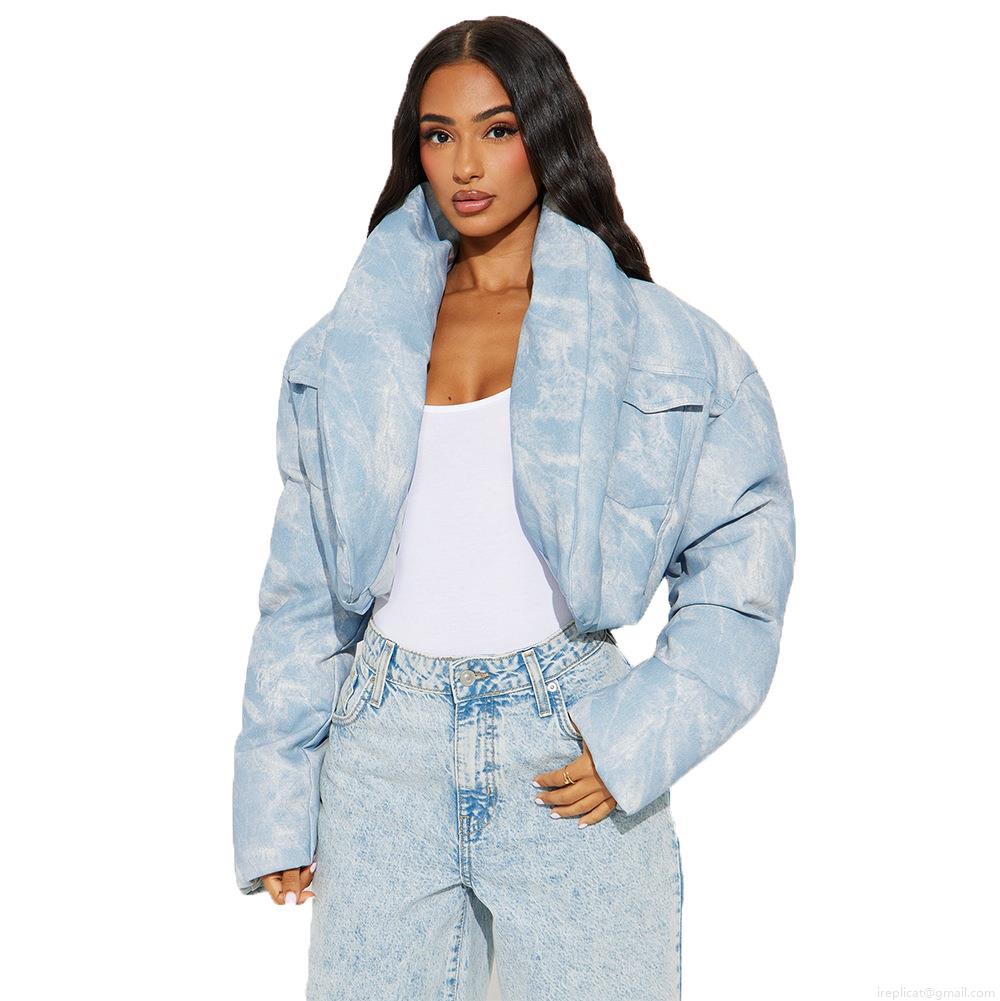 Women's Tie Dye Padded Jacket Scarf Collar Loose Short Cotton Padded Coat Streetwear Light Blue Winter Warm Puffer Outerwear With Pockets Fashion