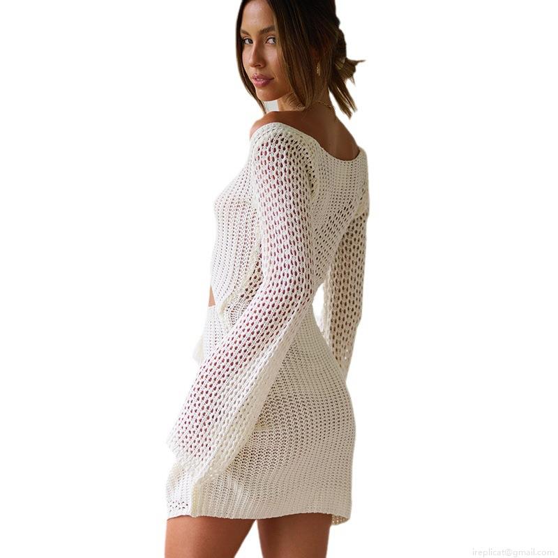 Women Sexy Crochet Knit Beach Cover Up Dress Hollow Out Waist Bell Sleeve Boho V Neck Tassel Bikini Smock Summer Resort Wear Mini Dress