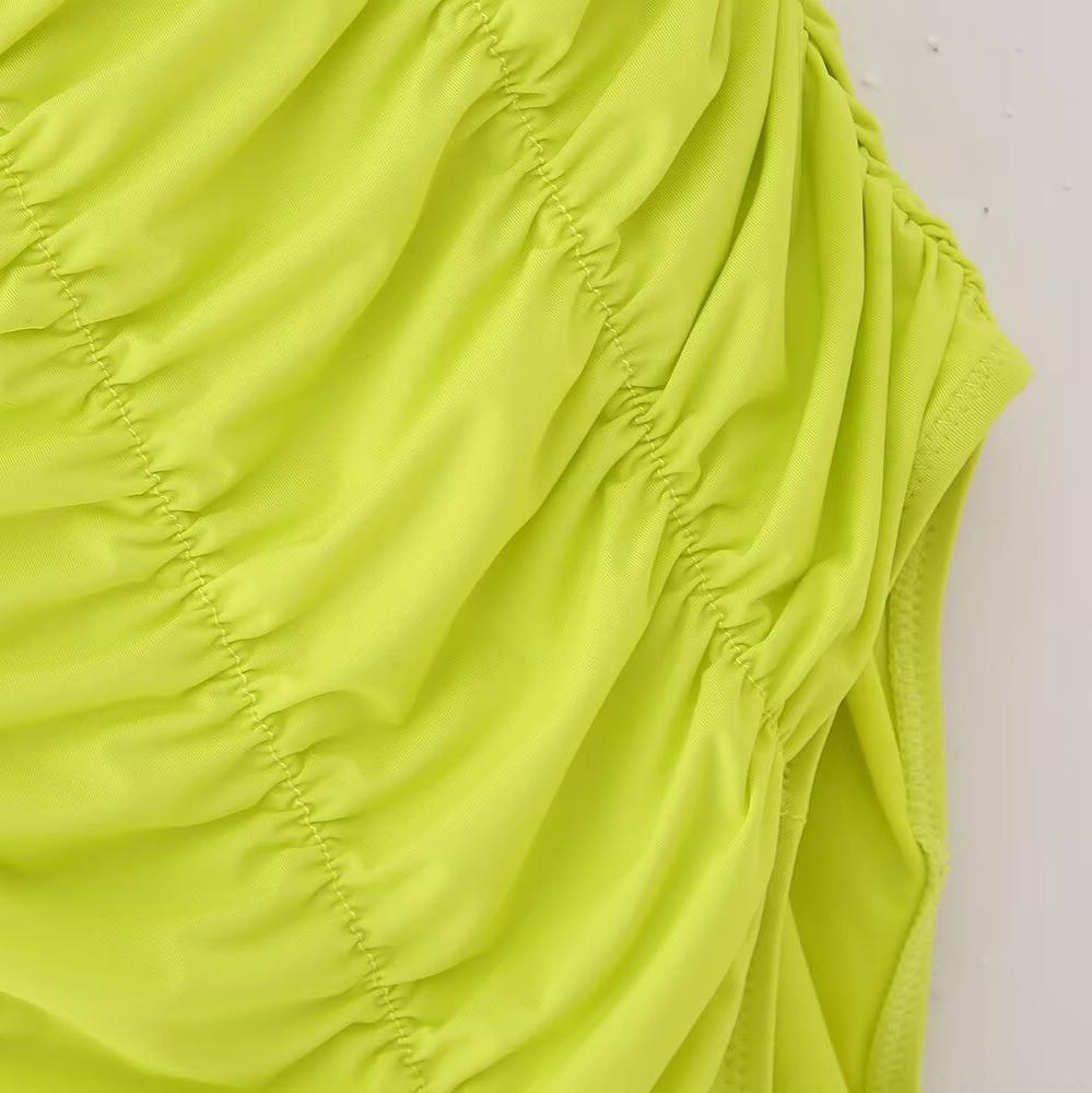 Women Sexy One Piece Swimsuit Neon Green Ruched Backless Strapless Tube Top 100% Polyester Bodysuit For Summer Beach Pool Party Vacation