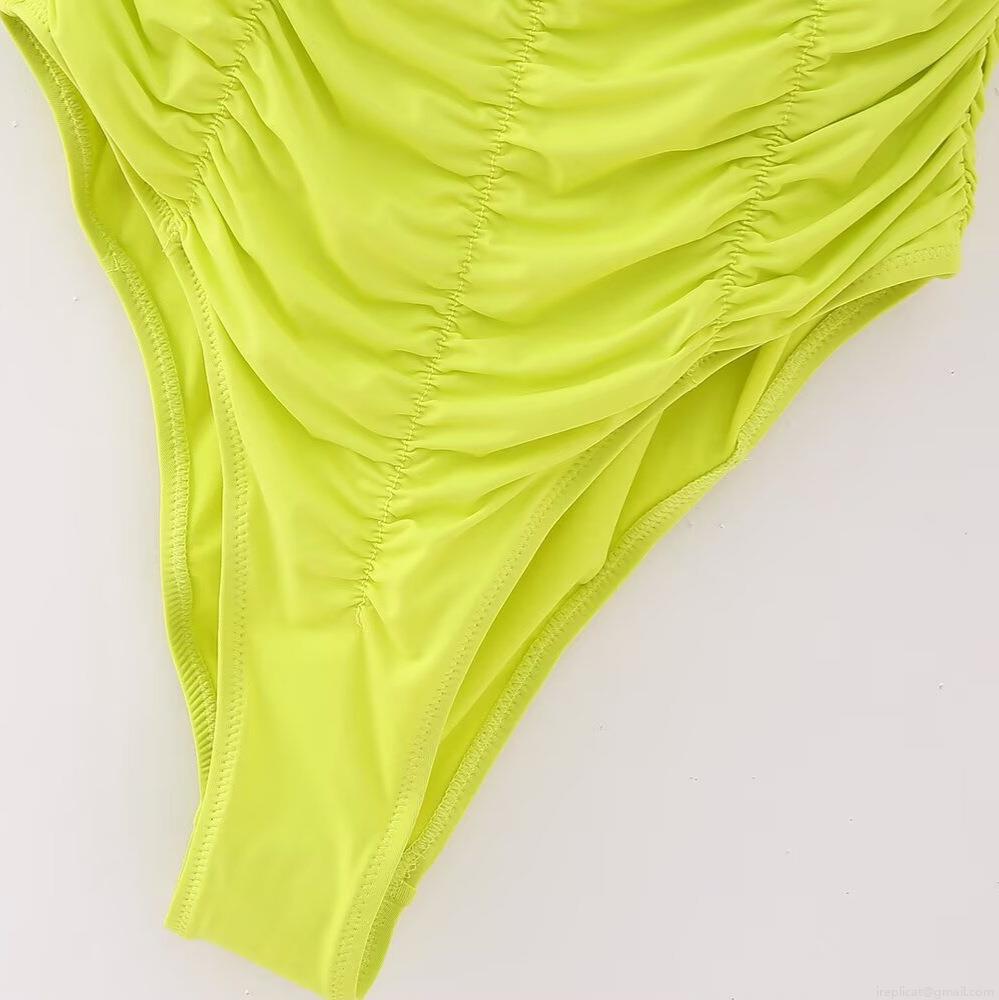 Women Sexy One Piece Swimsuit Neon Green Ruched Backless Strapless Tube Top 100% Polyester Bodysuit For Summer Beach Pool Party Vacation