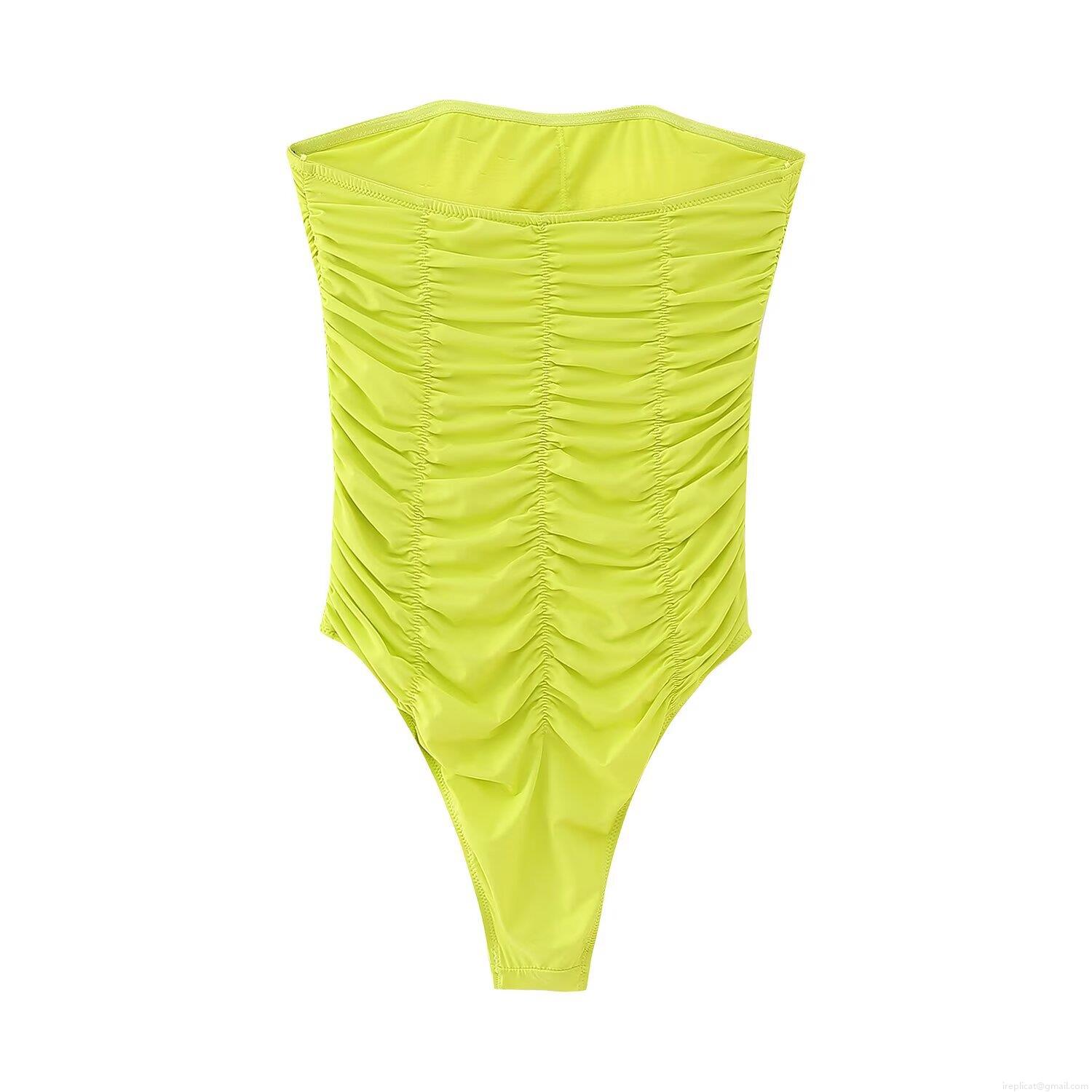 Women Sexy One Piece Swimsuit Neon Green Ruched Backless Strapless Tube Top 100% Polyester Bodysuit For Summer Beach Pool Party Vacation