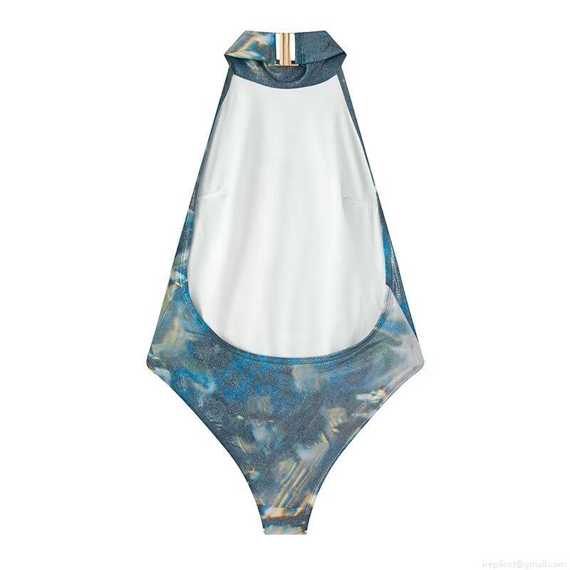 Women's Metallic Halter Neck One-Piece Swimsuit Sexy Backless High Cut Bodysuit Marble Galaxy Print Beachwear Summer Bathing Suit Costume