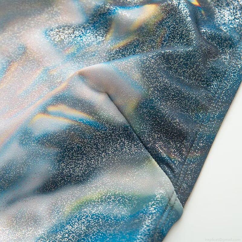 Women's Metallic Halter Neck One-Piece Swimsuit Sexy Backless High Cut Bodysuit Marble Galaxy Print Beachwear Summer Bathing Suit Costume