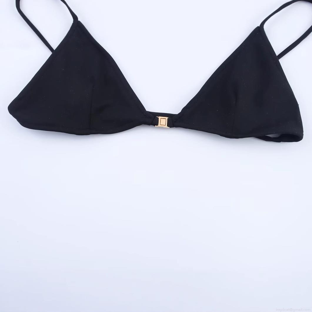 Women's Sexy Black Triangle Bikini Set Two Piece Swimsuit With Gold Metal Buckle Polyester Spandex Solid Color Beachwear For Vacation Swimming