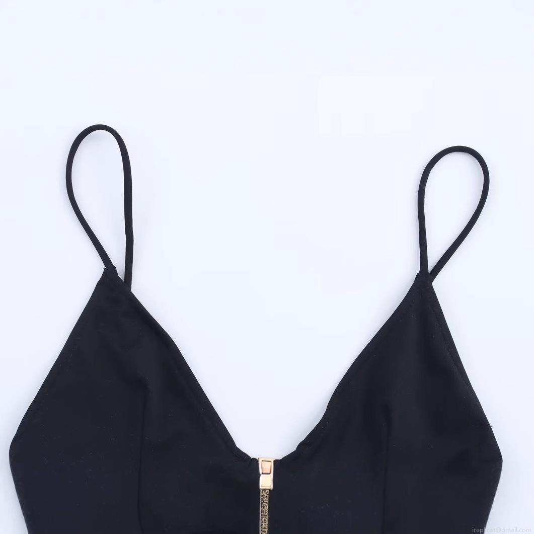 Women's Sexy Black Triangle Bikini Set Two Piece Swimsuit With Gold Metal Buckle Polyester Spandex Solid Color Beachwear For Vacation Swimming