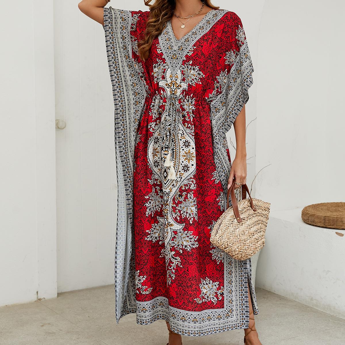 Women's Bohemian Print V-Neck Maxi Kaftan Dress With Waist Drawstring Ethnic Beach Cover-Up Summer Resort Wear One Size